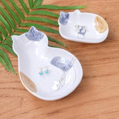 '2 Abstract Cat-Themed Whimsical Glazed Ceramic Catchalls'