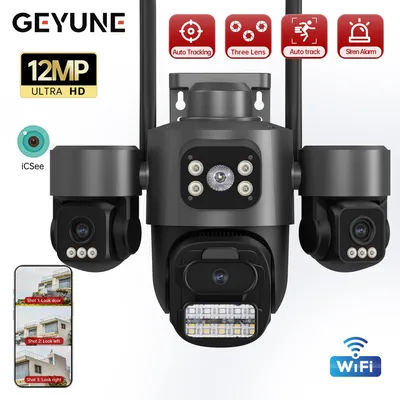 Three Lens PTZ IP Camera Outdoor 6K HD Three Screens WiFi Security Camera Auto Tracking 12MP Dual Lens Wirelss CCTV Camera iCsee