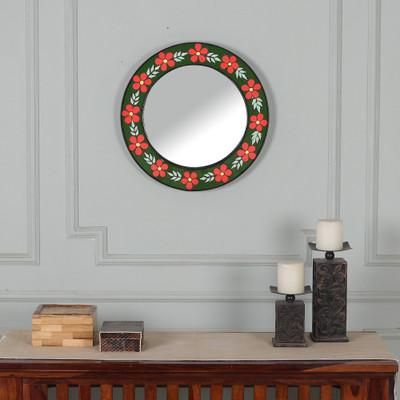 'Flower-Themed Ceramic Mosaic Mirror in Green and Tangerine'