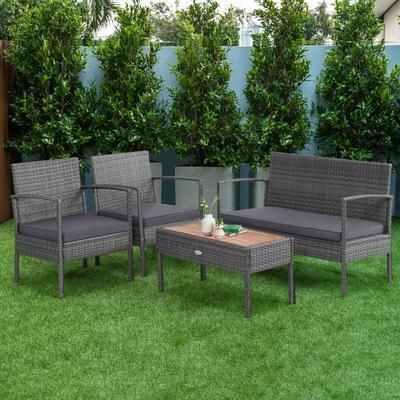 Elegant 4 Piece Rattan Patio Furniture Set, Acacia Wood Tabletop & Weather Resistant Wicker Design Elegant 4 Piece Rattan Patio Furniture Set, Acacia Wood Tabletop & Weather Resistant Wicker Design