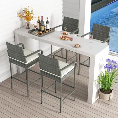 All Weather PE Rattan Bar Chairs Set Of 4 With Armrests & Seat Cushions Outdoor Bar Stools For Porch, Backyard & Patio All Weather PE Rattan Bar Chairs Set Of 4 With Armrests & Seat Cushions Outdoor Bar Stools For Porch, Backyard & Patio