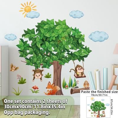 Safari Jungle Woodland Animals Wall Decals For Nursery Kids Bedroom Decor Big Tree 2 Monkey
