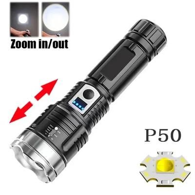 USB Rechargeable LED Flashlight | Portable Torch With Built in 18650 Battery | 5 Mode Lighting For Outdoor Emergency Cam P50