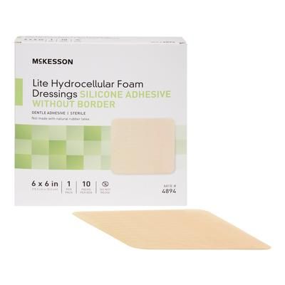 McKesson Lite Thin Foam Dressing 6 X 6 Inch Without Border Film Backing Silicone Gel Adhesive Square Sterile (1083094_BX)