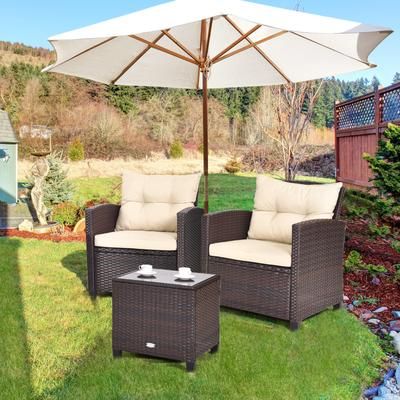 3 Pcs Patio Rattan Furniture Set With Cushioned Conversation Set & Coffee Table Outdoor Lounge Set 3 Pcs Patio Rattan Furniture Set With Cushioned Conversation Set & Coffee Table Outdoor Lounge Set
