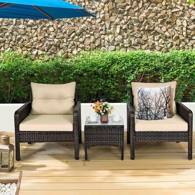 3 Piece Outdoor Patio Rattan Conversation Set With Comfortable Seat Cushions, Perfect For Backyard & Poolside 3 Piece Outdoor Patio Rattan Conversation Set With Comfortable Seat Cushions, Perfect For Backyard & Poolside