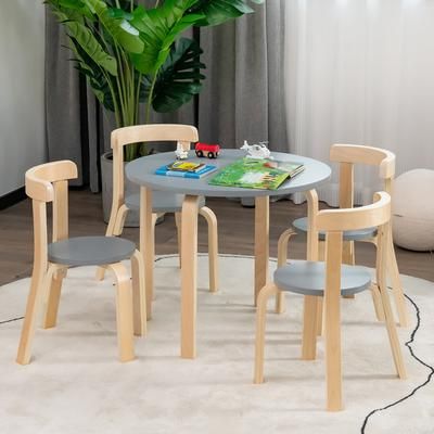 5 Piece Kids Wooden Curved Back Activity Table & Chair Set With Toy Bricks, Durable & Space Saving 5 Piece Kids Wooden Curved Back Activity Table & Chair Set With Toy Bricks, Durable & Space Saving