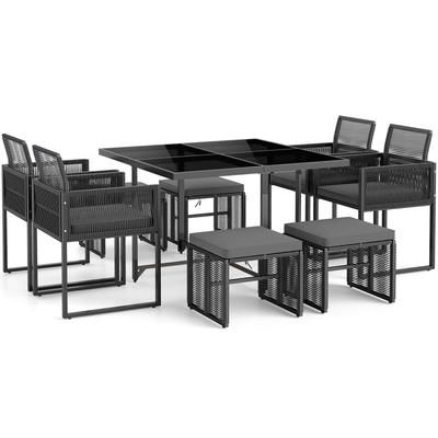 Outdoor Patio Dining Set With Cushions For Yard And Garden, Foldable Chairs & Ottomans, PE Wicker, Tempered Glass Outdoor Patio Dining Set With Cushions For Yard And Garden, Foldable Chairs & Ottomans, PE Wicker, Tempered Glass