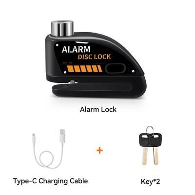 Motorcycle Alarm Disc Brake Lock Rechargeable Anti Theft Wheel Padlock For Bikes, Scooters E Bikes With Reminder Cable black