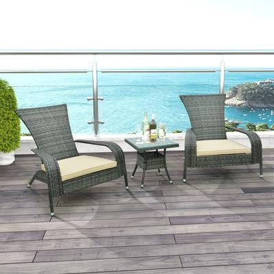 3 Piece Outdoor Adirondack Set, Wicker Chairs With Cushions & Side Table For Patio Relaxation 3 Piece Outdoor Adirondack Set, Wicker Chairs With Cushions & Side Table For Patio Relaxation