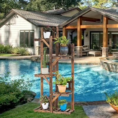 5 Tier Flower Rack Wood Plant Stand, 6 Pots Display Shelf For Indoor Outdoor Use 5 Tier Flower Rack Wood Plant Stand, 6 Pots Display Shelf For Indoor Outdoor Use