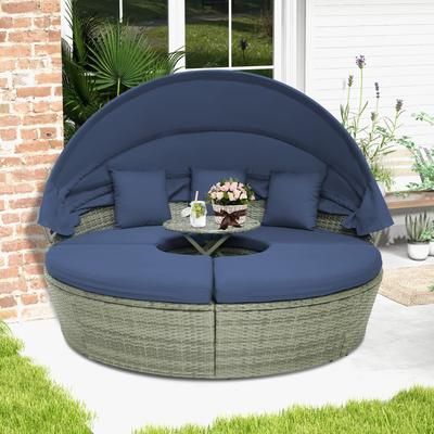 Modern Round Daybed With Retractable Canopy, PE Wicker Outdoor Daybed & Cushions For Patio, Poolside Modern Round Daybed With Retractable Canopy, PE Wicker Outdoor Daybed & Cushions For Patio, Poolside