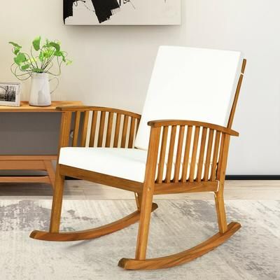 Outdoor Acacia Wood Rocking Chair With Detachable Cushions, Rustic Solid Wood Patio Rocker For Backyard, Porch & Garden Outdoor Acacia Wood Rocking Chair With Detachable Cushions, Rustic Solid Wood Patio Rocker For Backyard, Porch & Garden