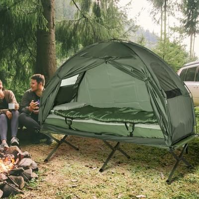 Outdoor Elevated Camping Cot, All in One 1 Person Tent, Air Mattress & Sleeping Bag Outdoor Elevated Camping Cot, All in One 1 Person Tent, Air Mattress & Sleeping Bag