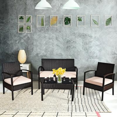 5 Piece Rattan Patio Furniture Set With Cushions & Tempered Glass Table, All Weather Lounge Set 5 Piece Rattan Patio Furniture Set With Cushions & Tempered Glass Table, All Weather Lounge Set