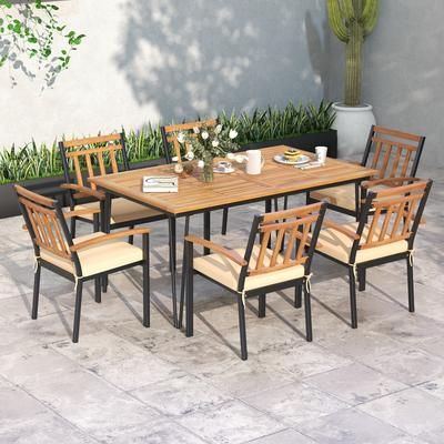 Rectangular Outdoor Dining Table With Acacia Wood Tabletop & Umbrella Hole Weather Resistant Patio Table Rectangular Outdoor Dining Table With Acacia Wood Tabletop & Umbrella Hole Weather Resistant Patio Table