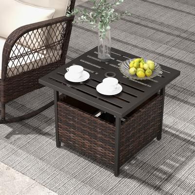 Outdoor Patio Rattan Wicker Steel Side Deck Table With Umbrella Hole, Weather Resistant PE Wicker & Storage Shelf Outdoor Patio Rattan Wicker Steel Side Deck Table With Umbrella Hole, Weather Resistant PE Wicker & Storage Shelf