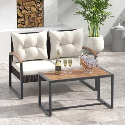 2 Piece Patio PE Wicker Furniture Set With Acacia Wood Coffee Table Outdoor Loveseat & Side Table 2 Piece Patio PE Wicker Furniture Set With Acacia Wood Coffee Table Outdoor Loveseat & Side Table