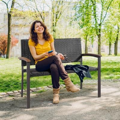 Outdoor Patio Rattan Wicker Bench With Armrest For Garden, Durable PE Rattan & Steel Frame Outdoor Patio Rattan Wicker Bench With Armrest For Garden, Durable PE Rattan & Steel Frame