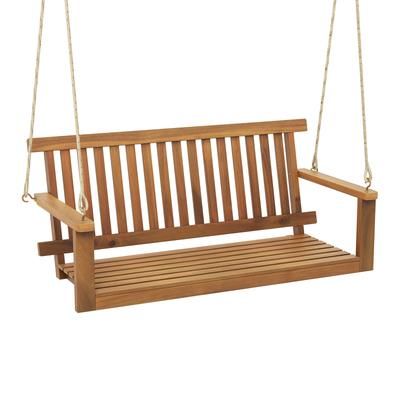 Outdoor Acacia Wood Porch Swing Bench With Durable Hemp Ropes, Heavy Duty Hanging Swing For Backyard, Porch Outdoor Acacia Wood Porch Swing Bench With Durable Hemp Ropes, Heavy Duty Hanging Swing For Backyard, Porch