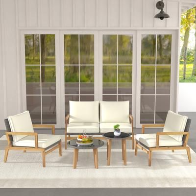 5 Piece Rattan Furniture Set, Wicker Woven Sofa Set With 2 Tempered Glass Coffee Tables For Outdoor Relaxation 5 Piece Rattan Furniture Set, Wicker Woven Sofa Set With 2 Tempered Glass Coffee Tables For Outdoor Relaxation
