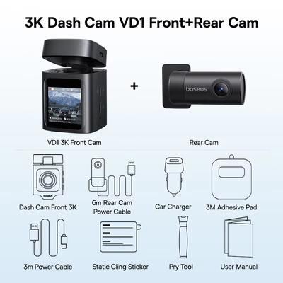 Baseus VD1 3K Dash Cam With GPS Front And Rear Car Camera With Supercapacitor & 24H Parking Surveillance front N Rear 32g
