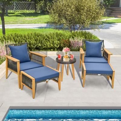 5 Piece Patio Furniture Set With Coffee Table & 2 Ottomans, Acacia Wood & PE Rattan Outdoor Seating 5 Piece Patio Furniture Set With Coffee Table & 2 Ottomans, Acacia Wood & PE Rattan Outdoor Seating