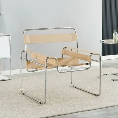 Nordic Vassili Leisure Chair Single, Medieval Industrial Style Network Frame With Bauhaus Saddle Leather light Brown