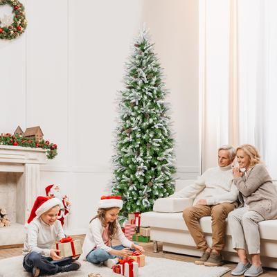 Snow Flocked Pre Lit Christmas Tree, 6 7.5 9 FT Artificial Hinged Tree With Warm White Lights Snow Flocked Pre Lit Christmas Tree, 6 7.5 9 FT Artificial Hinged Tree With Warm White Lights