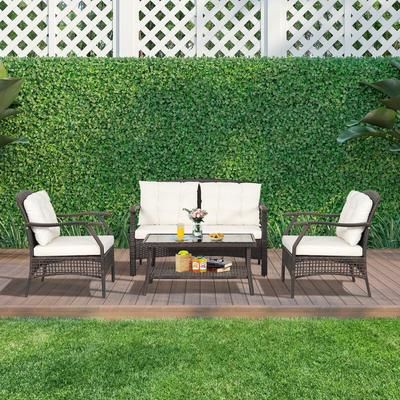 4 Piece Outdoor Rattan Conversation Set With Protective Cover Patio Furniture Sofa Set With Coffee Table 4 Piece Outdoor Rattan Conversation Set With Protective Cover Patio Furniture Sofa Set With Coffee Table