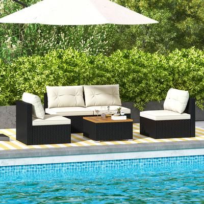 5 Piece Outdoor Furniture Set With Solid Acacia Tabletop & Soft Cushions Premium Rattan Patio Sofa Set 5 Piece Outdoor Furniture Set With Solid Acacia Tabletop & Soft Cushions Premium Rattan Patio Sofa Set
