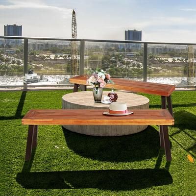 Set Of 2 Patio Acacia Wood Dining Benches 700 Lb Capacity Outdoor Bench Set With Steel Legs, Weather Resistant Set Of 2 Patio Acacia Wood Dining Benches 700 Lb Capacity Outdoor Bench Set With Steel Legs, Weather Resistant