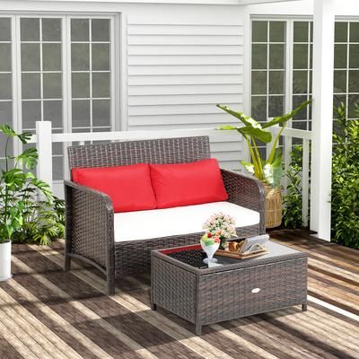 Cozy 2 Piece Wicker Loveseat Set & Tempered Glass Coffee Table, Durable Outdoor Seating Cozy 2 Piece Wicker Loveseat Set & Tempered Glass Coffee Table, Durable Outdoor Seating