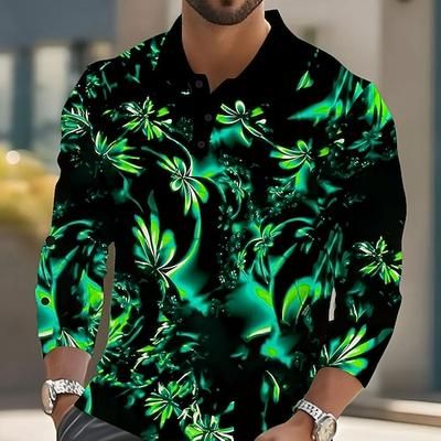 Per uomo Piante Fluorescente Polo Manica Lunga Magliette polo Bavero Casual Streetwear Athleisure Abbigliamento quotidiano Stampa 3D Bottoni Primavera Autunno Inverno Blu Viola Verde
