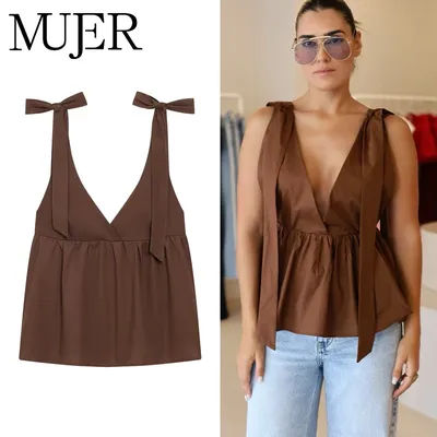 MUJER Sexy dos nu hauts pour femmes noeud été décontracté hauts femme 2025 bretelles plage femmes hauts Camisole hauts sans manche femme