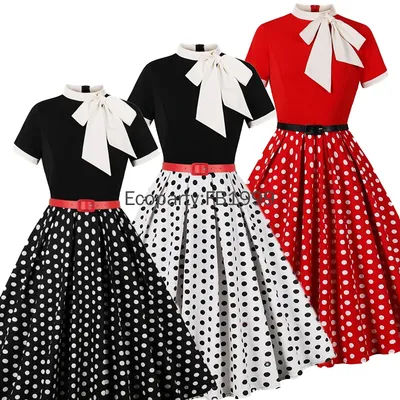 New Women Summer Retro Casual Party Dress Elegant Short Sleeve Polka Dot Dress 60s 50s Vintage Rockabilly Costume Female Vestido