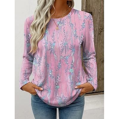 Per donna Maglietta Floreale Grafico Piante Vintage Elegante Classico Manica Lunga Girocollo Top Regolari Quotidiano Weekend Stampato Rosa Blu Viola Verde Primavera Autunno