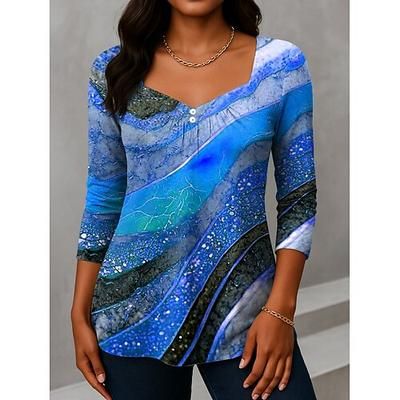 Per donna Maglietta Bottoni Stampato Ombre Grafico Vintage Moda Elegante Manica Lunga Scollo a V Collo asimmetrico Top Regolari Quotidiano Weekend Abbigliamento da vacanza Blu Giallo Viola Verde