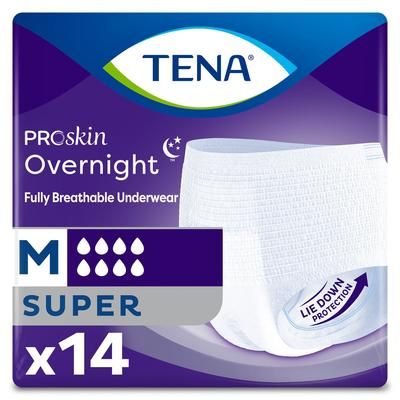 TENA ProSkin Overnight Super Unisex Adult Absorbent Underwear Pull On with Tear Away Seams Medium Disposable Heavy Absorbency (1053408_BG)