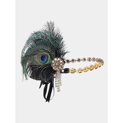 Cerchietto per capelli da donna anni '20 con piume e perline dorate e catene di strass - accessorio per capelli vintage in stile flapper per le feste Gatsby