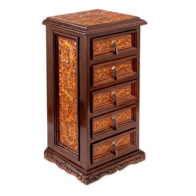 'Baroque-Inspired Embossed Leather and Wood Jewelry Chest'
