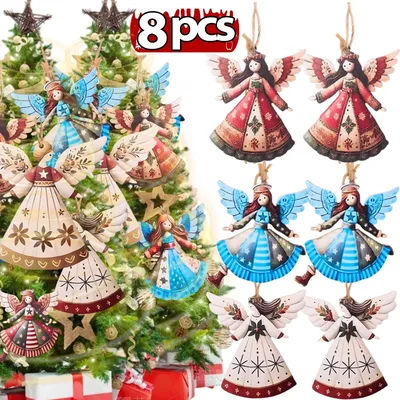 4-8Pcs Hand Painted Wooden Angel Ornaments Pendant Keychain Christmas Decorations Phone Lanyard Strap Bag for Backpack Bag Charm