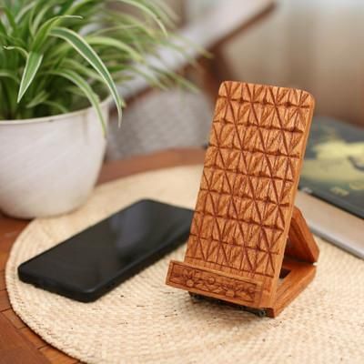 'Geometric-Themed Hand-Carved Foldable Wood Phone Stand'
