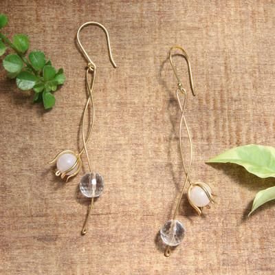 'Floral Gold-Plated Rose Quartz and Cubic Zirconia Earrings'