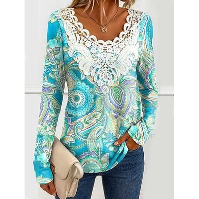 Blusa da donna tunica pizzo splicing scollo a V manica lunga grafica paisley piante scollo rotondo top regolari stampa quotidiana per uscite weekend pizzo patchwork nero primavera autunno prefestivo