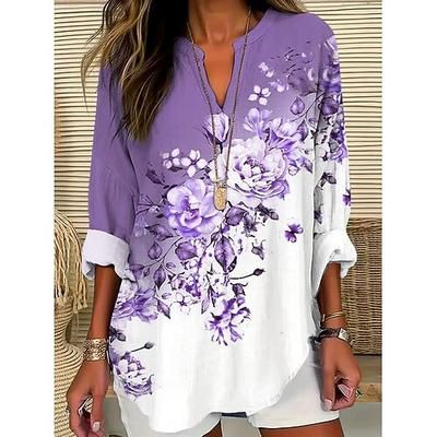 Blusa da donna in lino simile traspirante leggera grafica floreale vintage quotidiana elegante a maniche lunghe scollo a V collo intagliato top regolari da indossare quotidianamente stampa lilla
