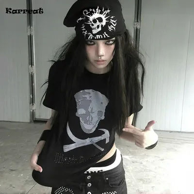 Karrcat Grunge Aesthetics Skull Print T-shirt Trashy 2000s Style Crop Tops Japanese Y2k Short Sleeve Tee Shirt Gothic Punk 90s