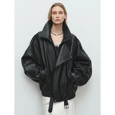 Oversize Genuine Leather Motorcycle Jacket for Women High-end Simple Double-layer Stand Collar Design Bubble Real Sheepskin Coat