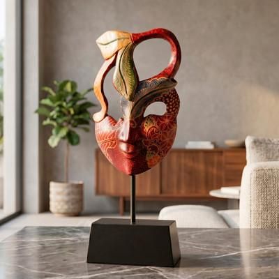 Eyes on Me,'Handcrafted Leafy-Inspired Green and Red Pule Wood Mask'