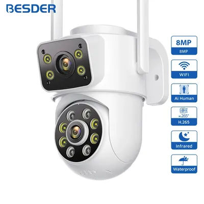 BESDER 8MP Wifi Camera PTZ Dual Screens Outdoor Human Detection Auto Tracking 6MP CCTV Surveillance IP Camera P2P Audio iCSee